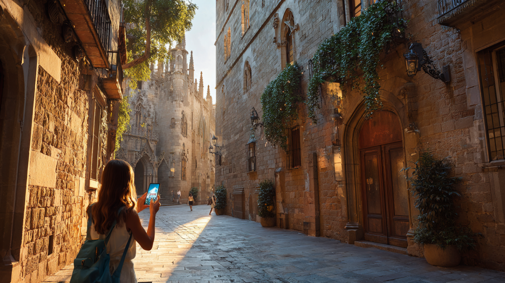Traveler exploring Barcelona with augmented reality technology during a sustainable self-guided cultural tour