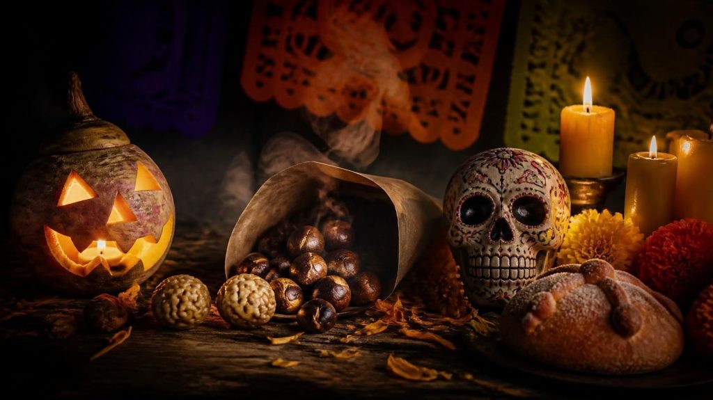 Calabaza tallada de Halloween, castañas asadas de la Castanyada y calavera de azúcar del Día de Muertos a la luz de las velas